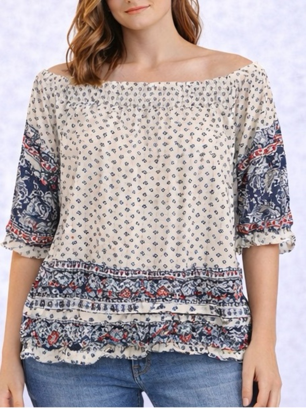 Rue21 Women’s Cream and Blue Bohemian Blouse -Size XL